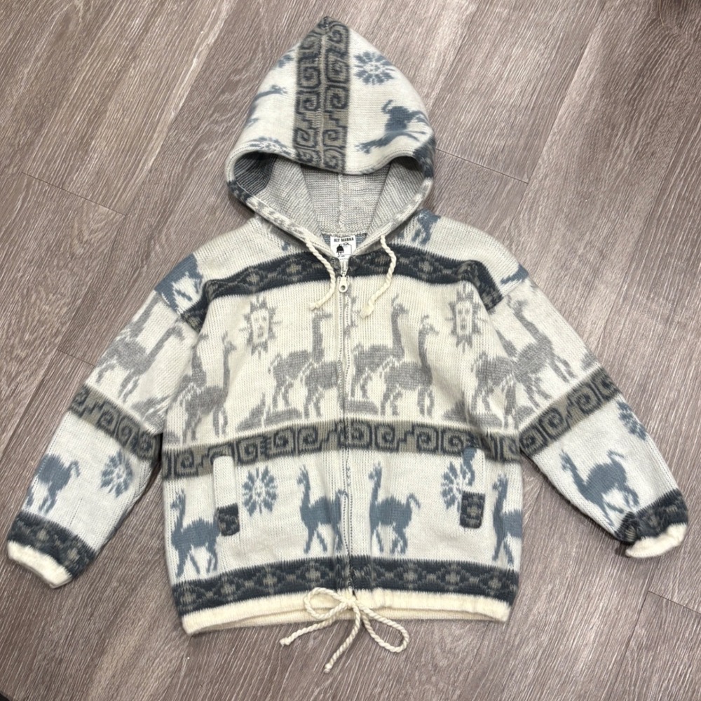 Aly Marka Kids Wool Llama Folk Print Zip Up Hoodie Sweater Made in Ecuador Sz 6